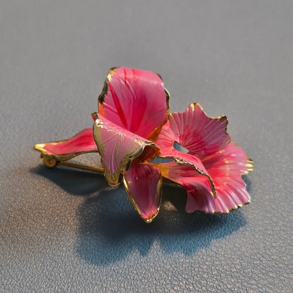 Vintage Cerrito 1982 Hand Painted Light Pink & Gold Orchid Flower Brooch Pin 2